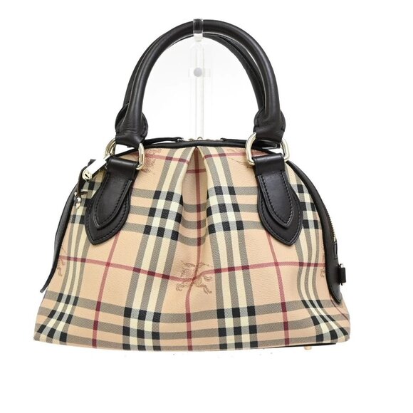 BURBERRY Logo Nova Hand Bag Check PVC Leather Brown GHW 87RF419
